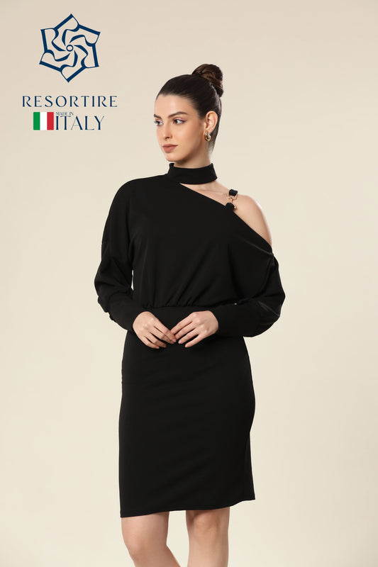 Onyx Ovation Asymmetric Neckline Dress