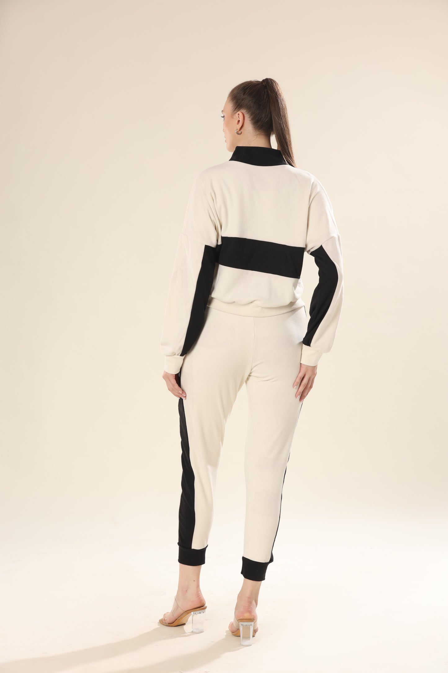 Dynamic Stripes In Black & Beige Track Suit