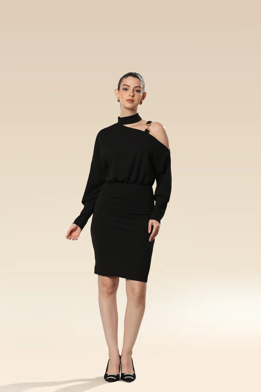 Onyx Ovation Asymmetric Neckline Dress