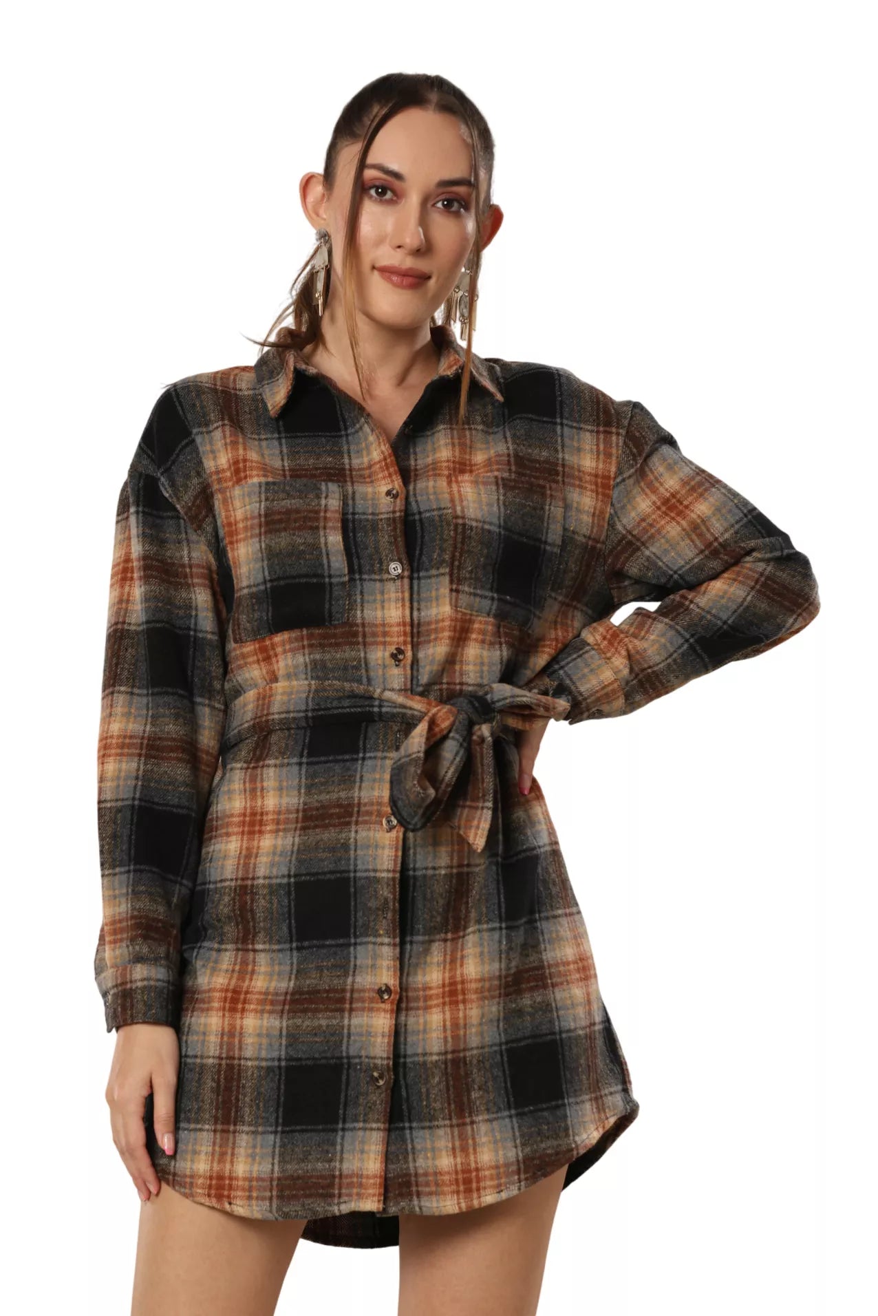 Chic Checkered Chest Shirt Dress