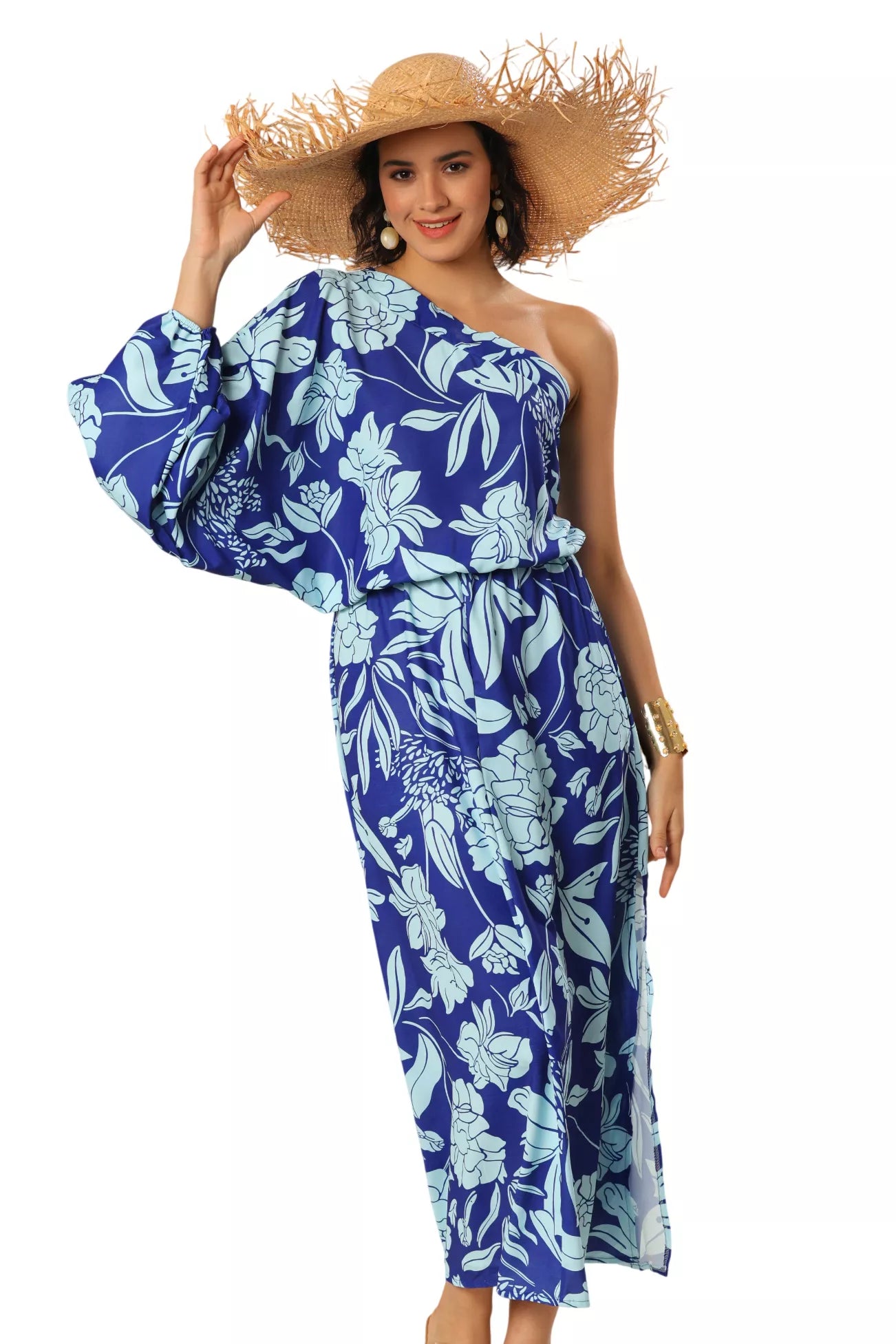 Royal Wave One Sleeves Stunner Dress