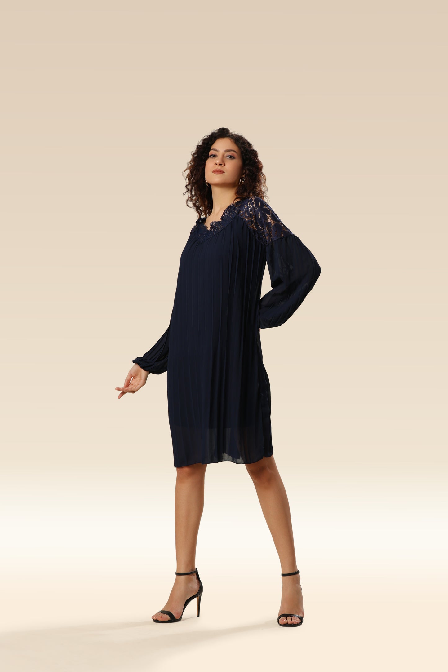 Stylishly Pleated Charming Lace Touch Dress