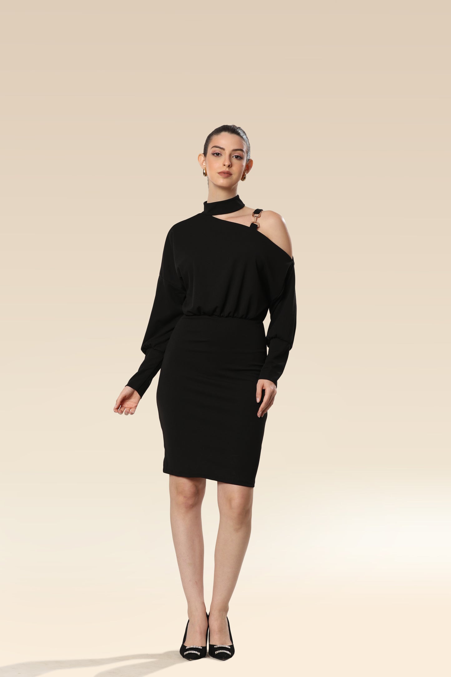 Onyx Ovation Asymmetric Neckline Dress