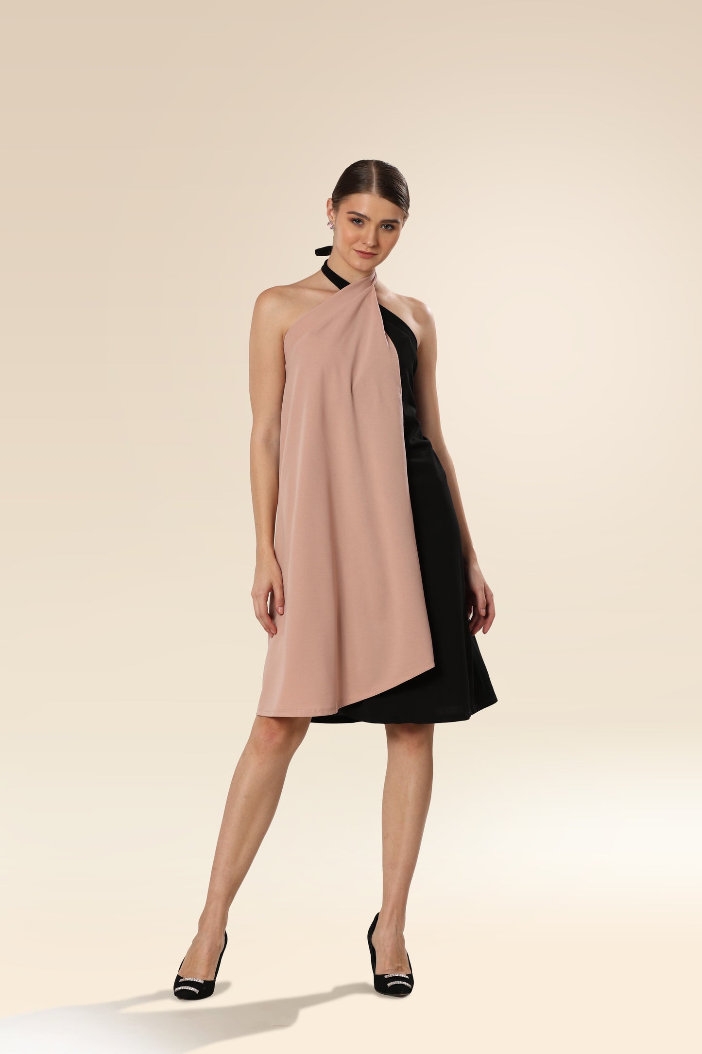 Lustrous Black Tie-Top Ensemble Dress