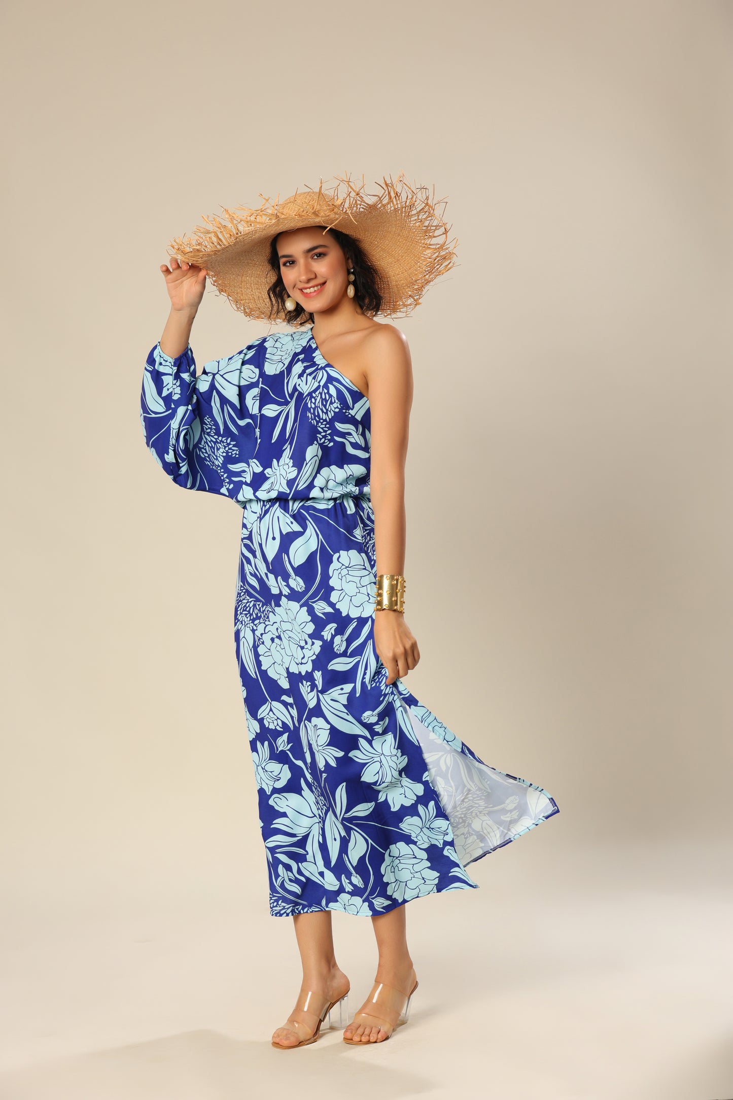 Royal Wave One Sleeves Stunner Dress
