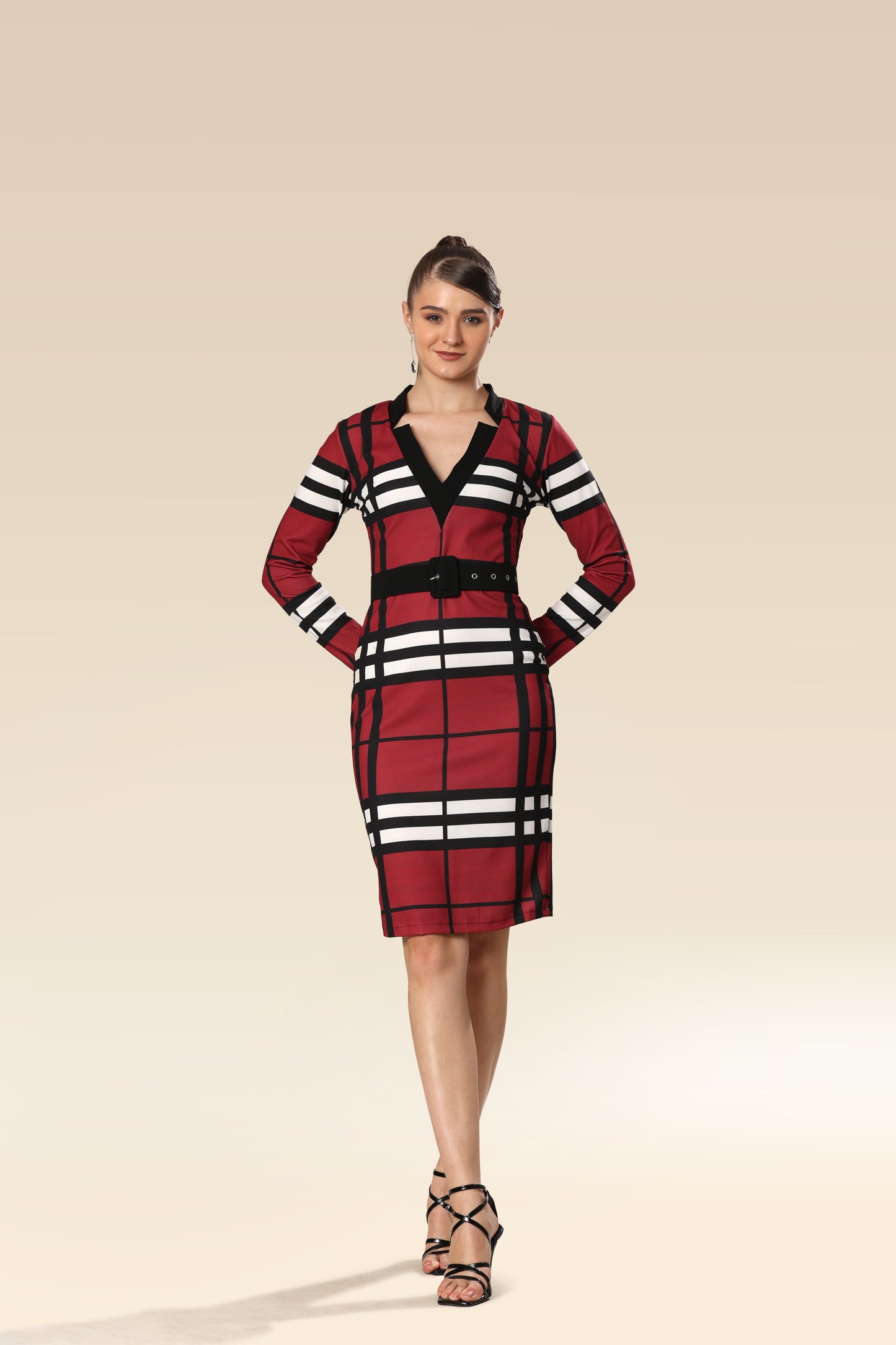 Vogue Grid Belted Beauty Dress