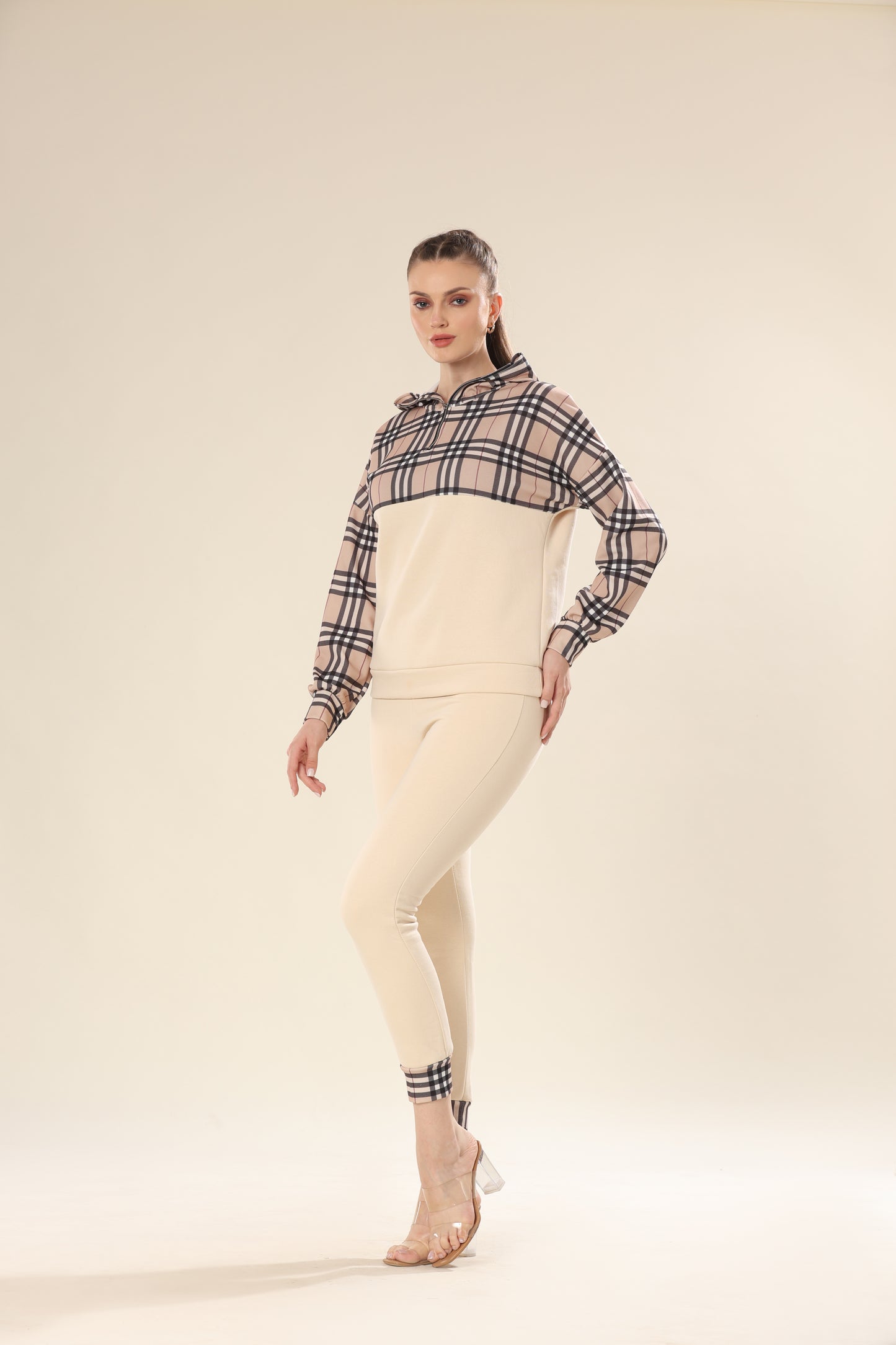Fashionable Checks In Modern Beige Plaid Track Suit