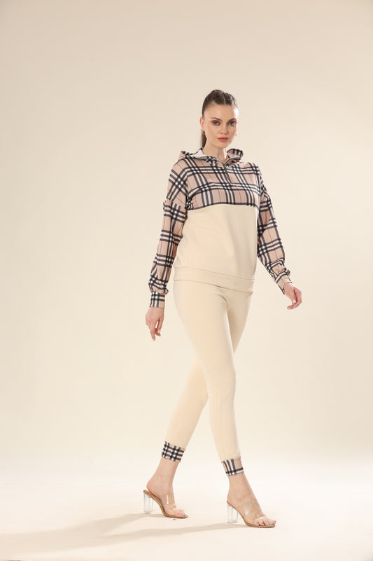 Fashionable Checks In Modern Beige Plaid Co-ord Set