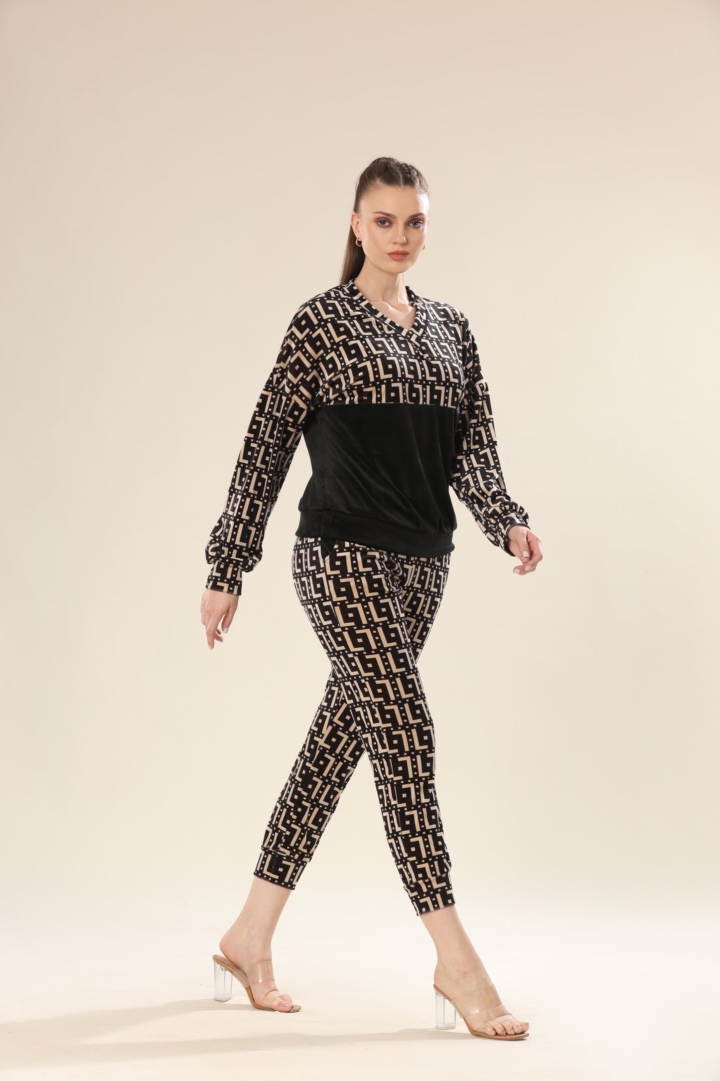Luxe Velvet Geometric Ensemble Track Suit - Tracksuit
