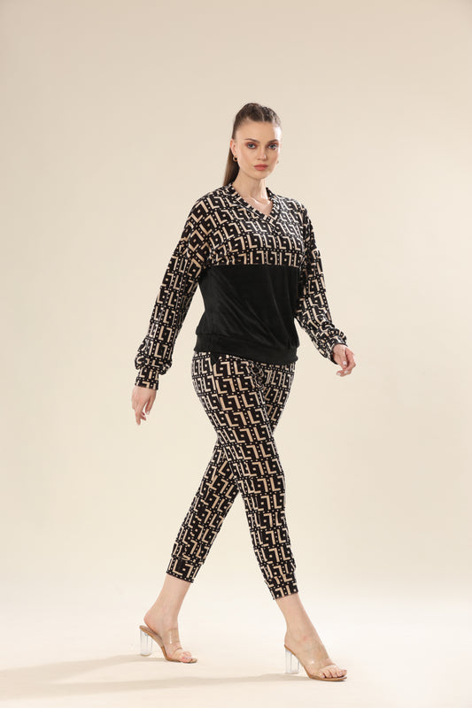 Luxe Velvet Geometric Ensemble Track Suit - Tracksuit