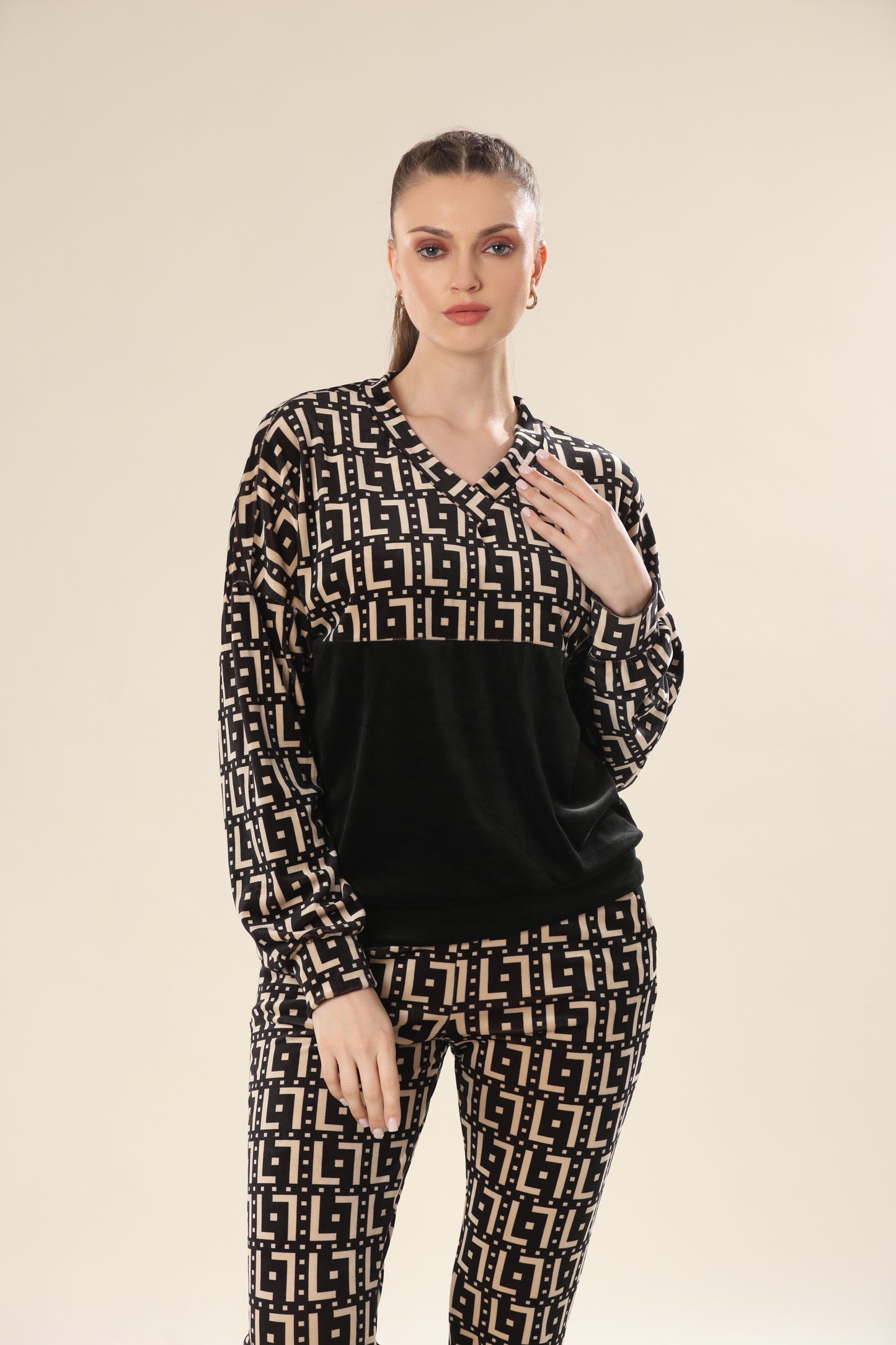 Luxe Velvet Geometric Ensemble Track Suit - Tracksuit