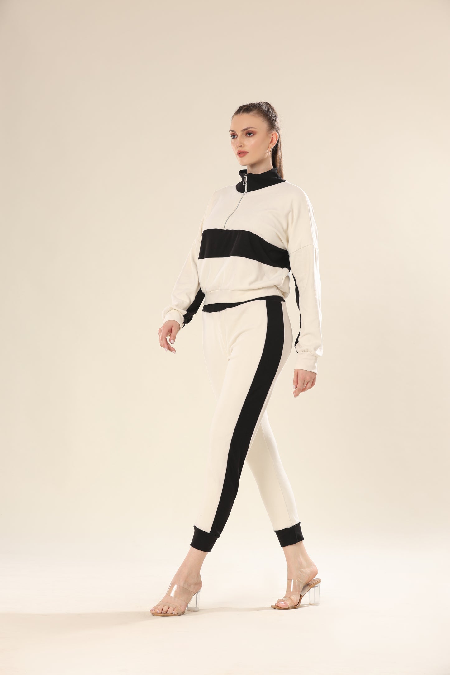 Dynamic Stripes In Black & Beige Track Suit