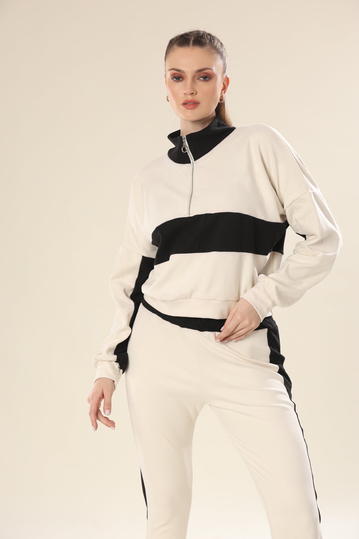 Dynamic Stripes In Black & Beige Track Suit