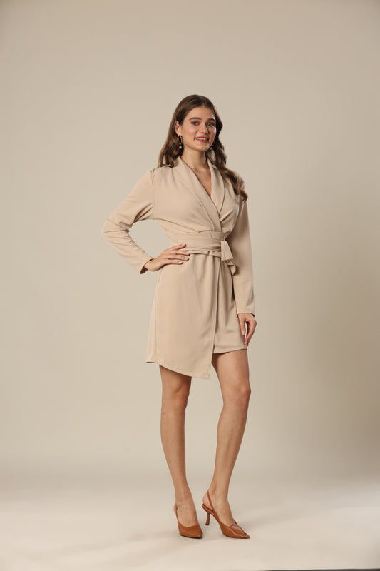 Urban Drapes Beige Waist-Tie Dress