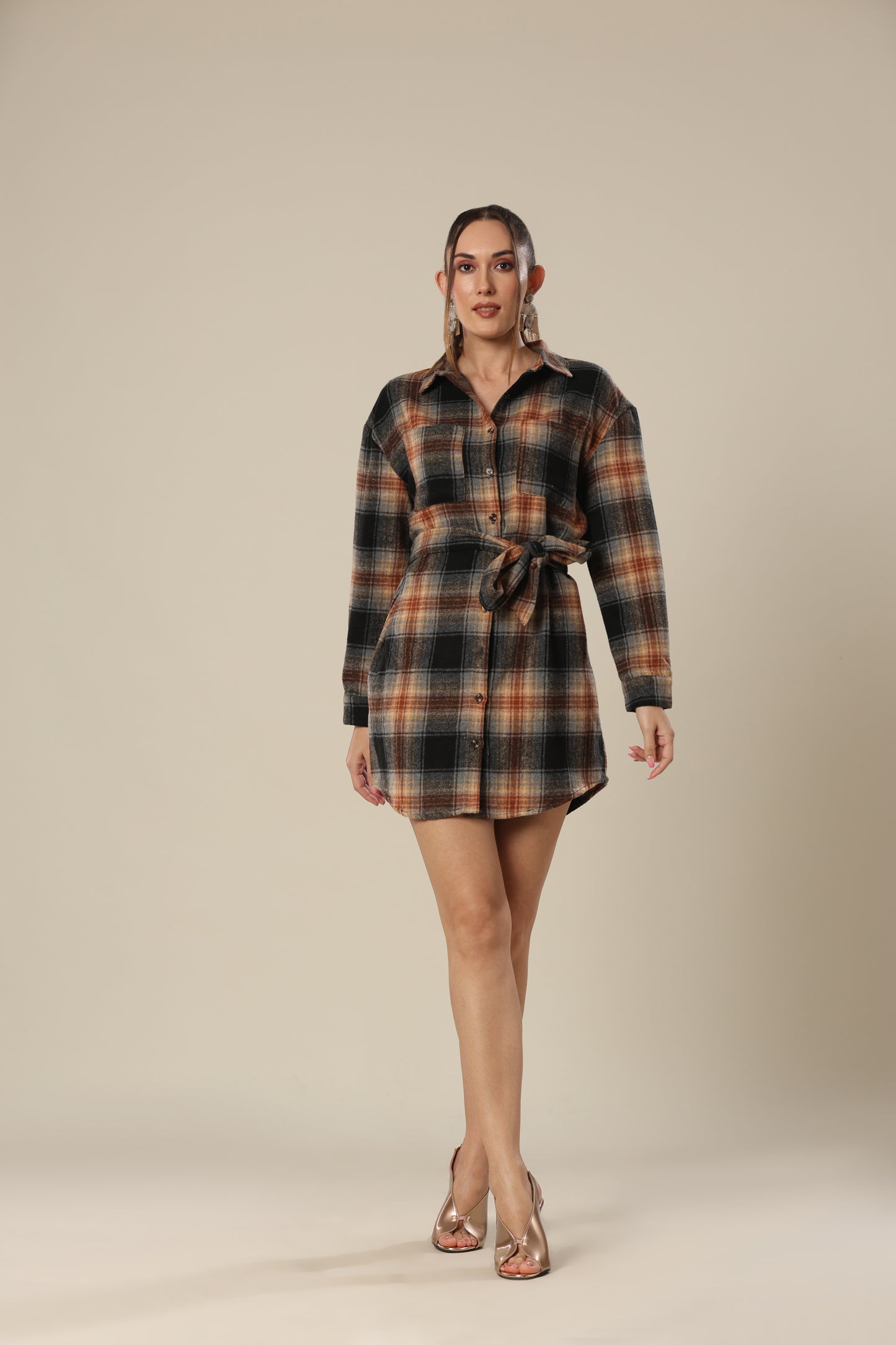 Chic Checkered Chest Shirt Dress