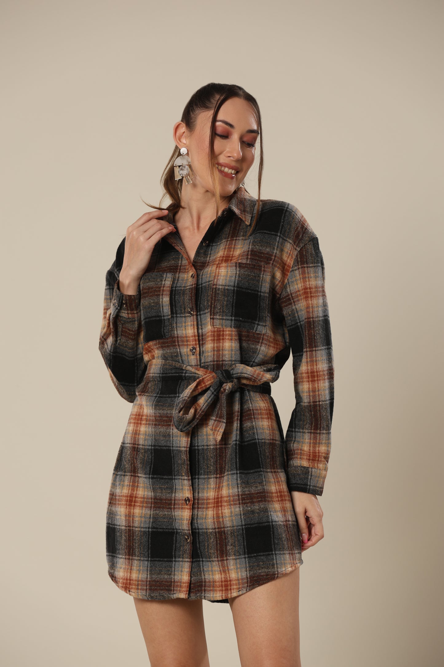 Chic Checkered Chest Shirt Dress