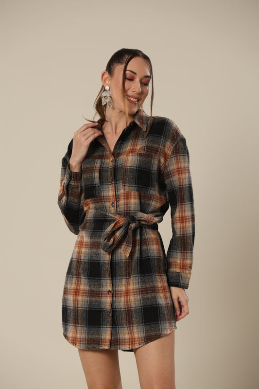 Chic Checkered Chest Shirt Dress