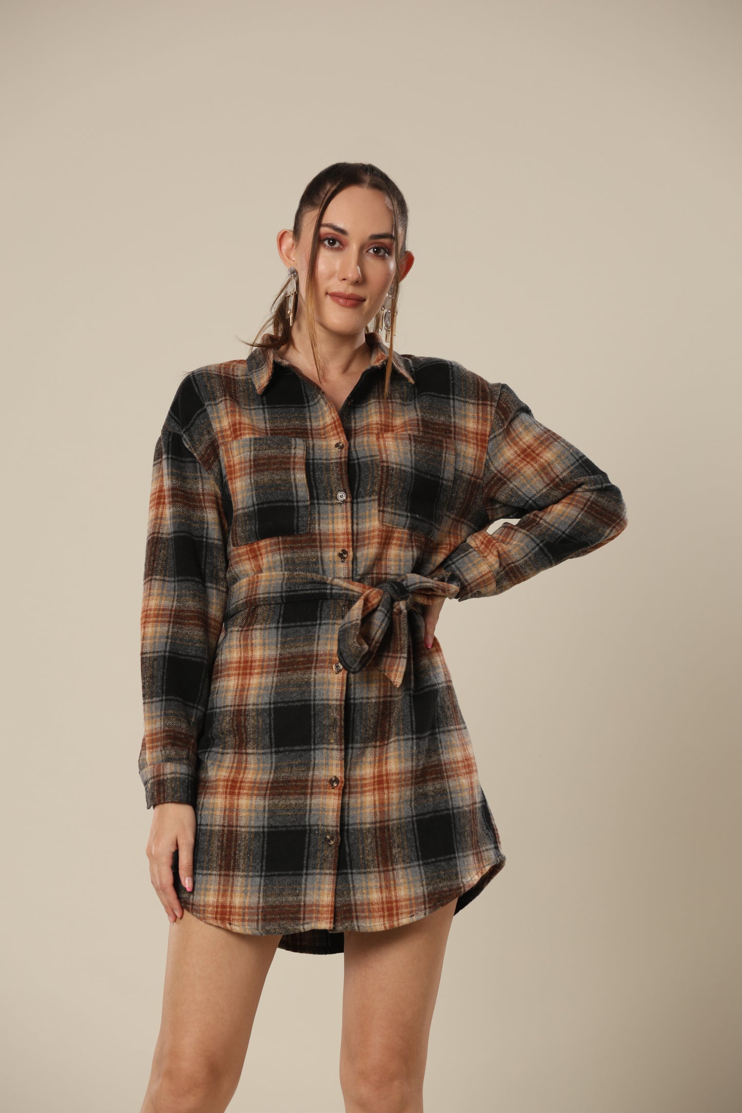 Chic Checkered Chest Shirt Dress