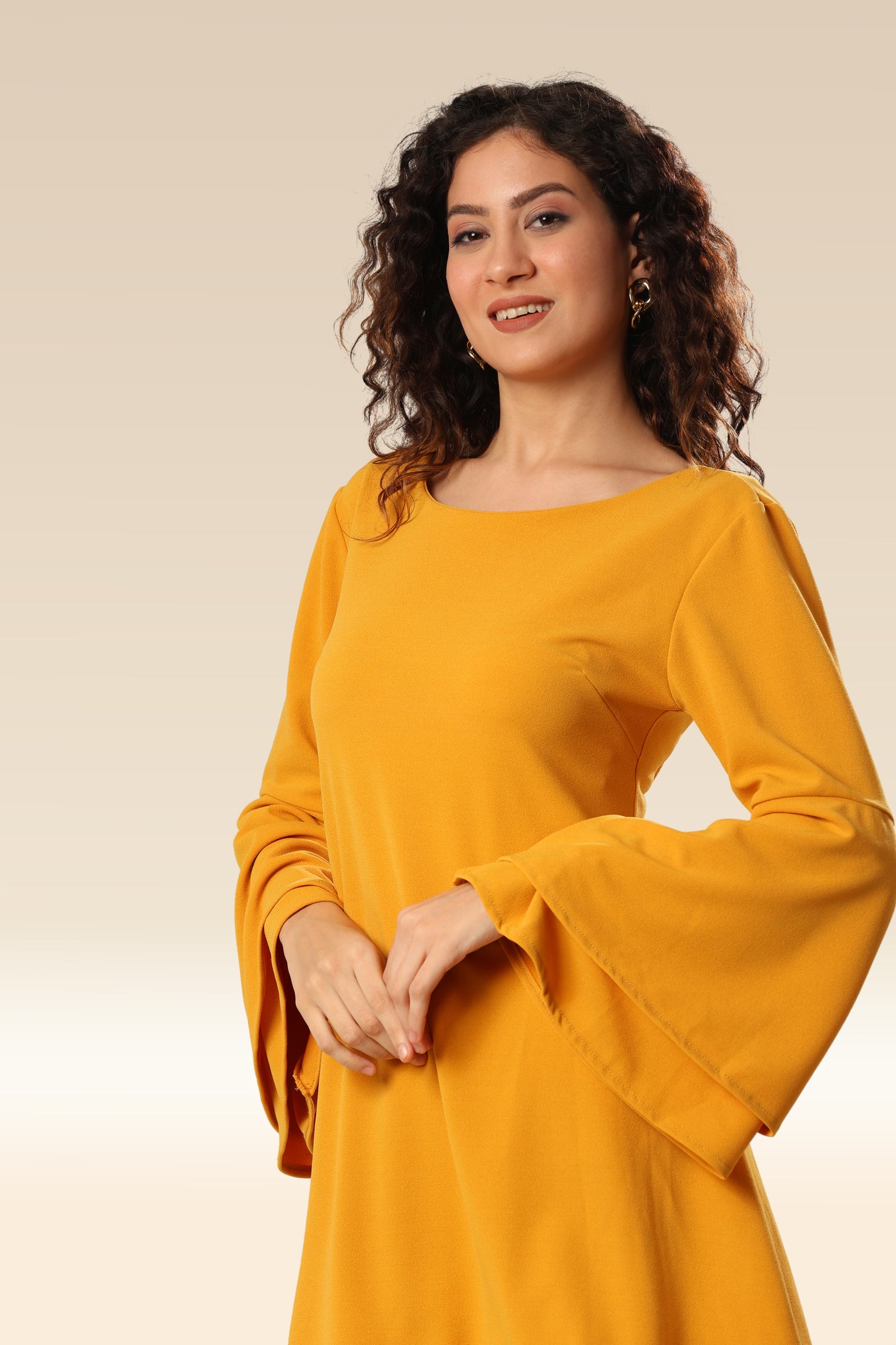 Sunflower Symphony Interlocking Straps & Bell Sleeve Dress