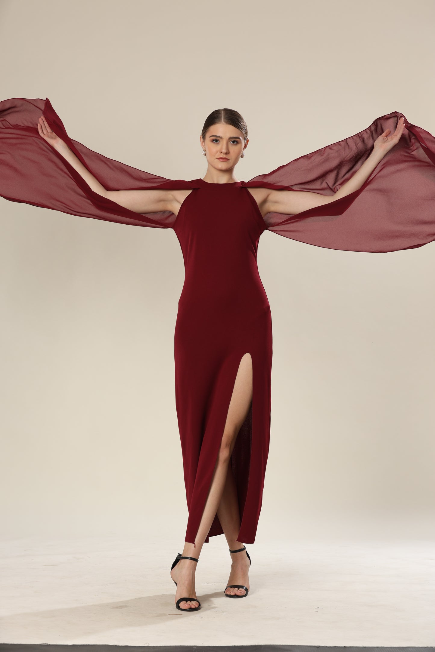 Sheer Wine Elegance Side Slit Ensemble Dress