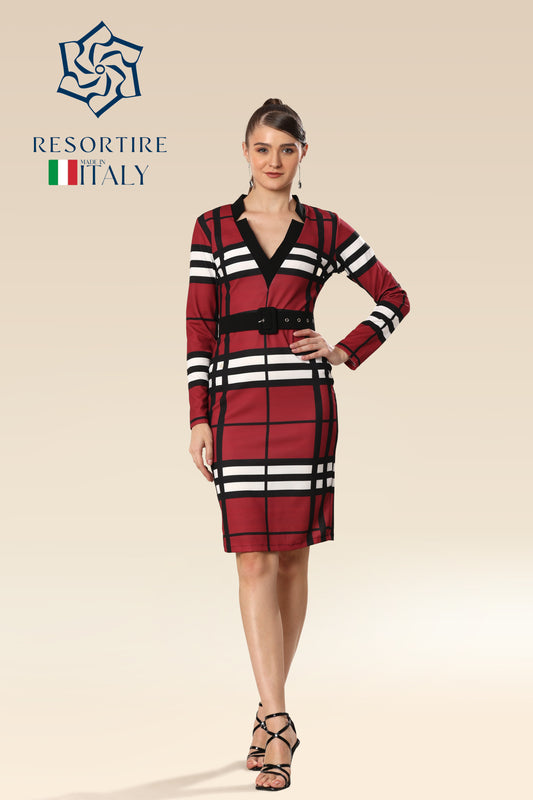 Vogue Grid Belted Beauty Dress