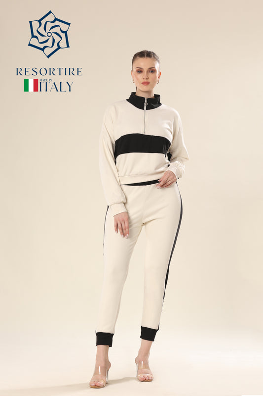 Dynamic Stripes In Black & Beige Track Suit