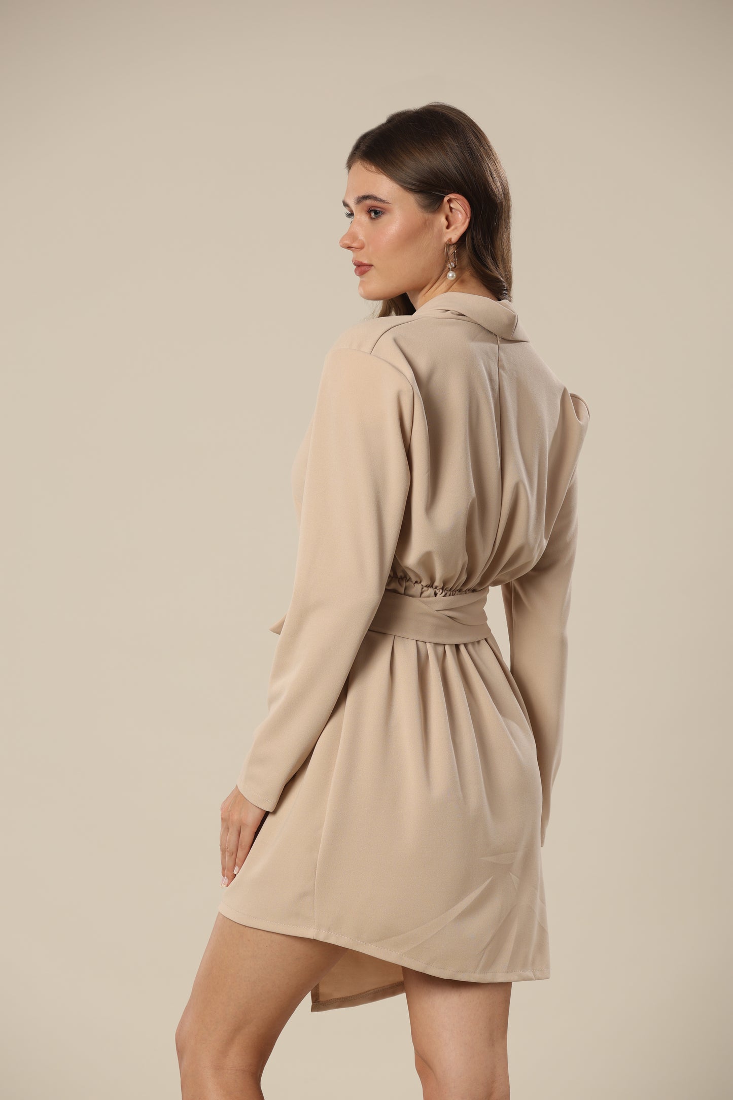 Urban Drapes Beige Waist-Tie Dress