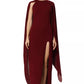 Sheer Wine Elegance Side Slit Ensemble Dress