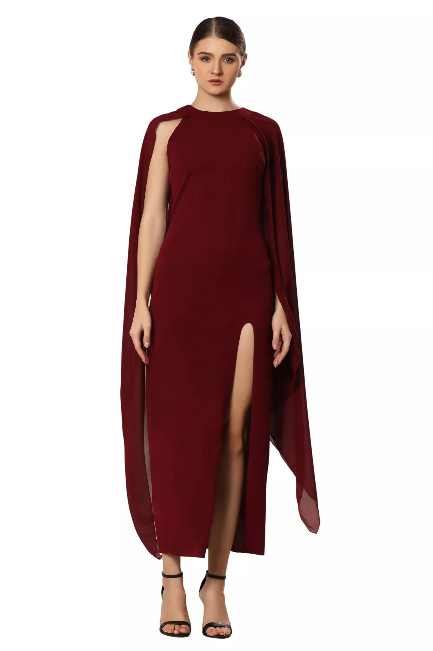 Sheer Wine Elegance Side Slit Ensemble Dress