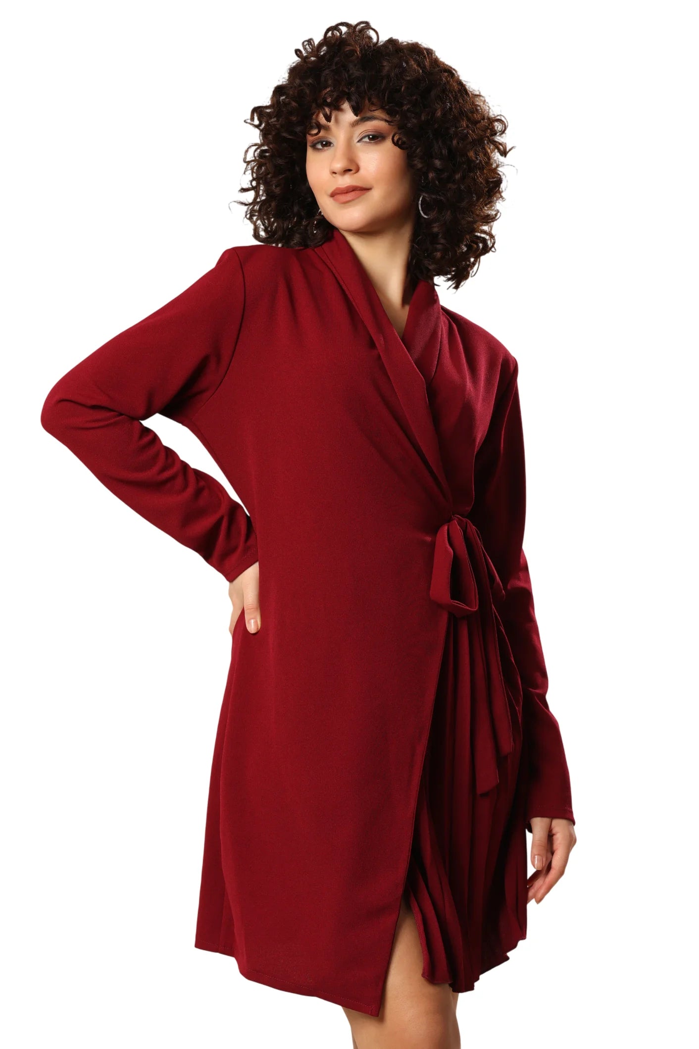 Bordeaux Bliss Wrap & Pleats Elegance Dress