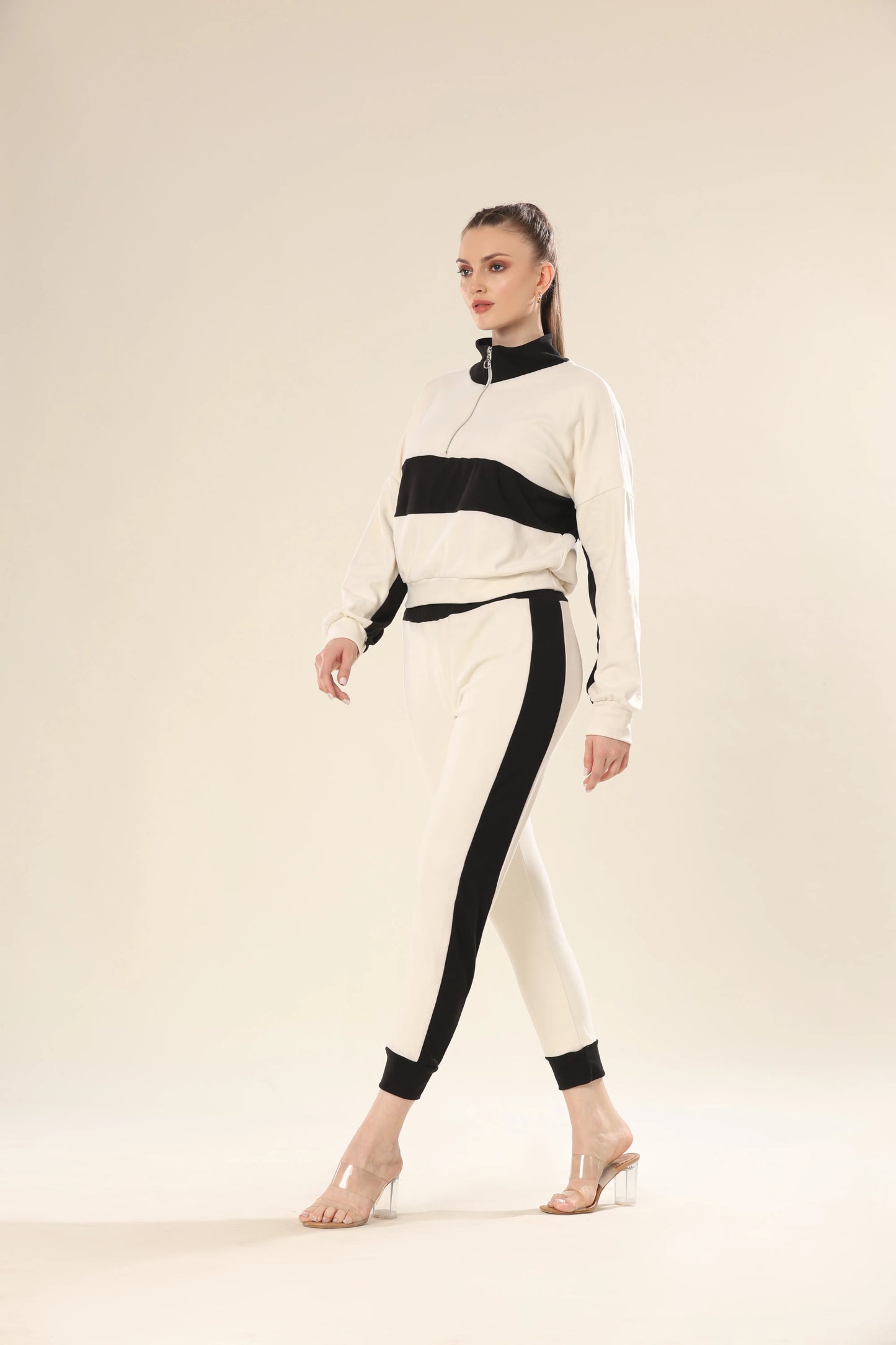 Dynamic Stripes In Black & Beige Co-ord Set