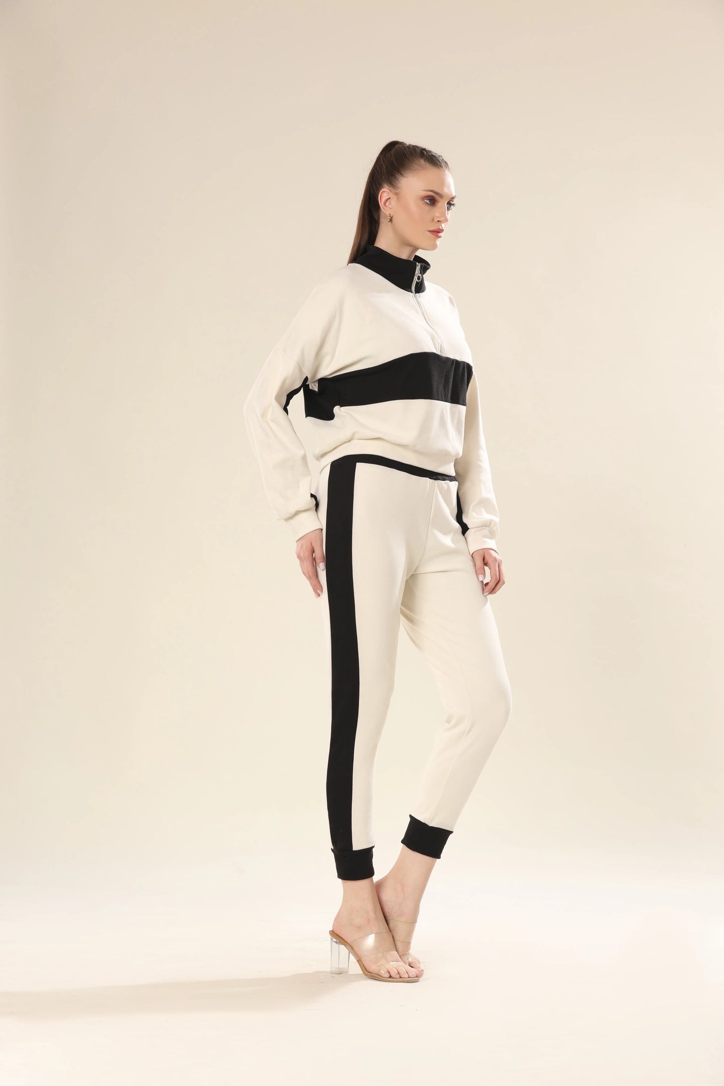 Dynamic Stripes In Black & Beige Co-ord Set