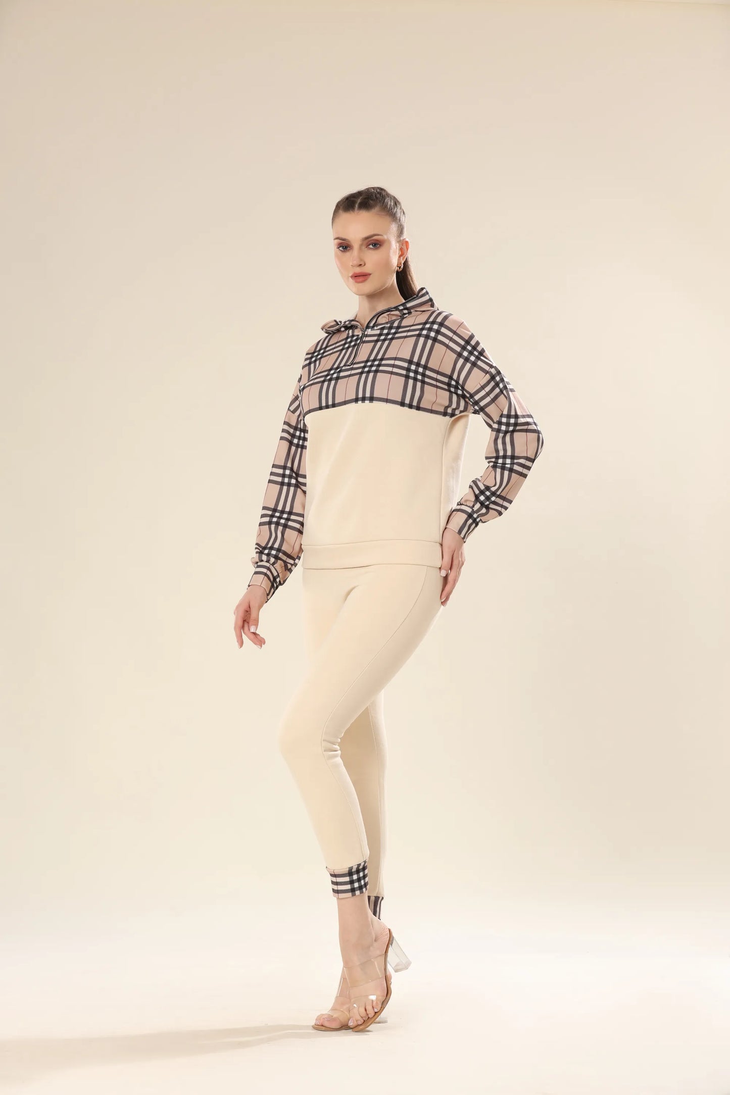 Fashionable Checks In Modern Beige Plaid Co-ord Set