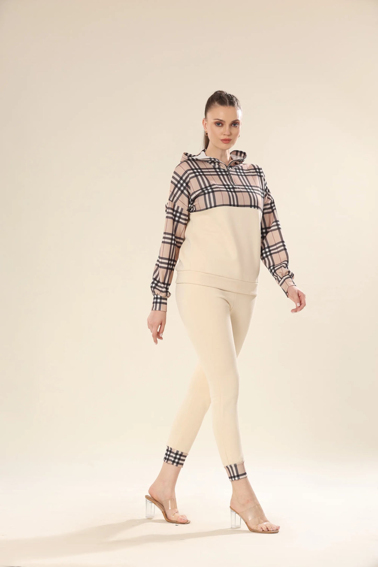 Fashionable Checks In Modern Beige Plaid Co-ord Set