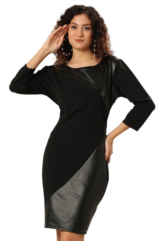 Faux Leather Flair In Black Dress