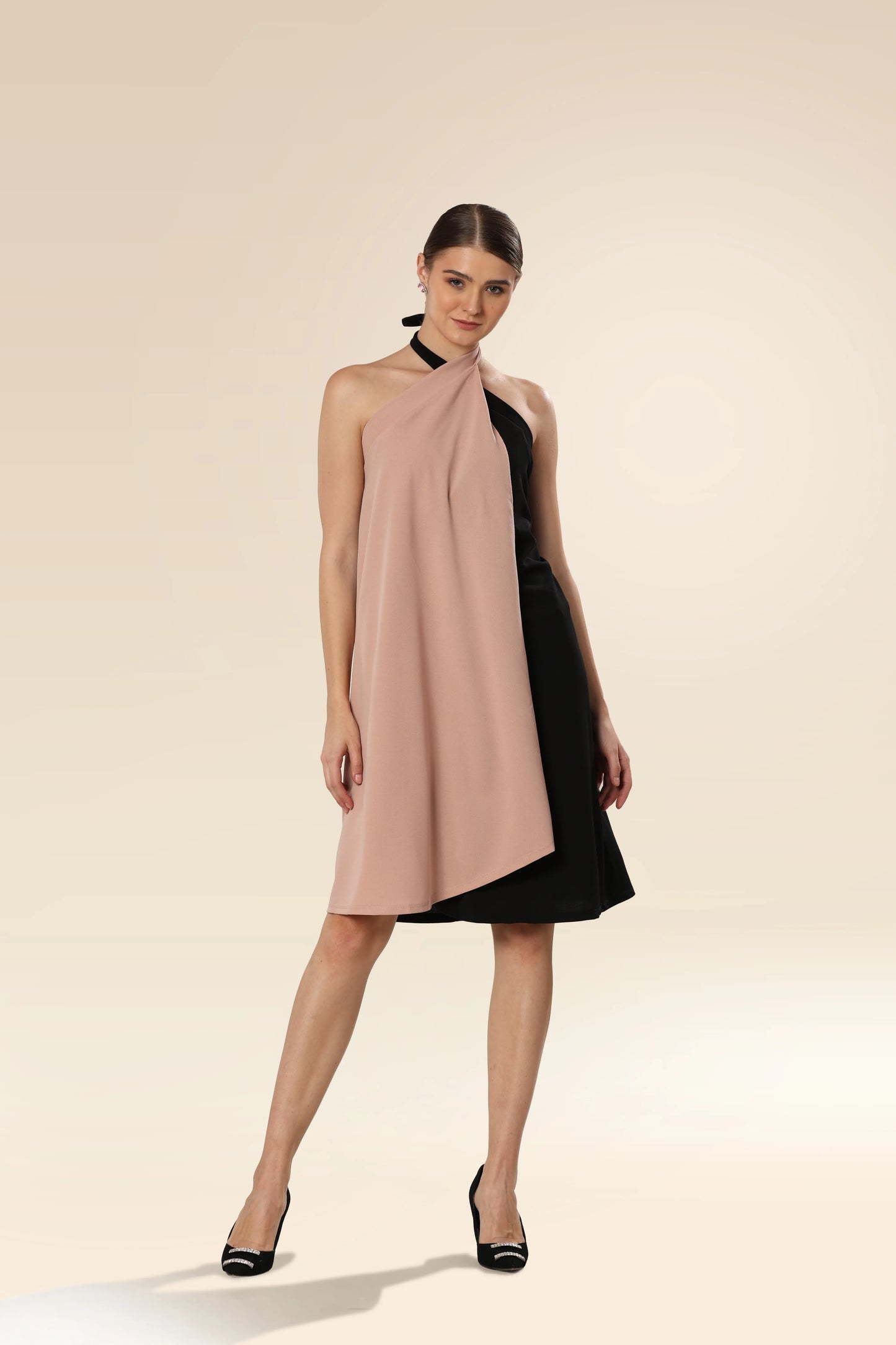 Lustrous Black Tie-Top Ensemble Dress