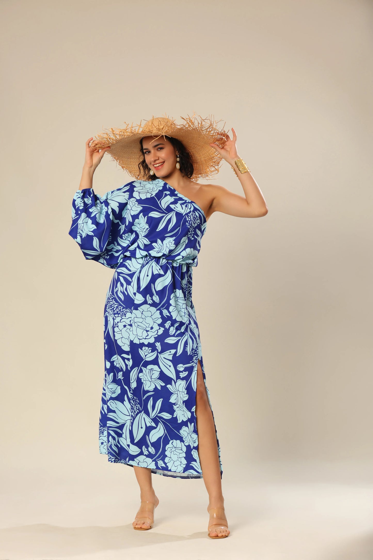 Royal Wave One Sleeves Stunner Dress
