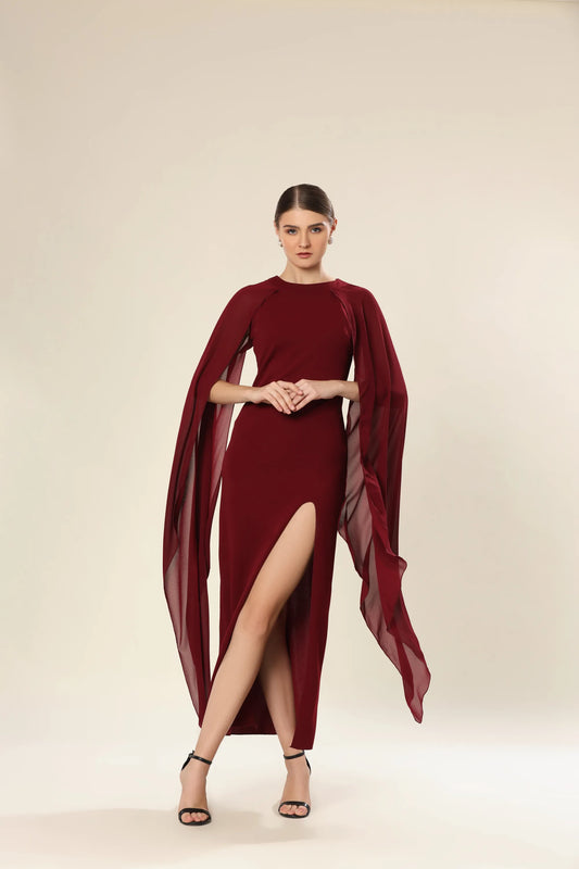 Sheer Wine Elegance Side Slit Ensemble Dress