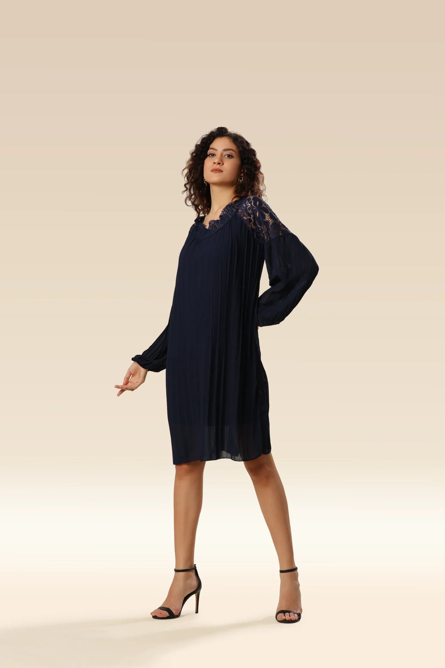 Stylishly Pleated Charming Lace Touch Dress