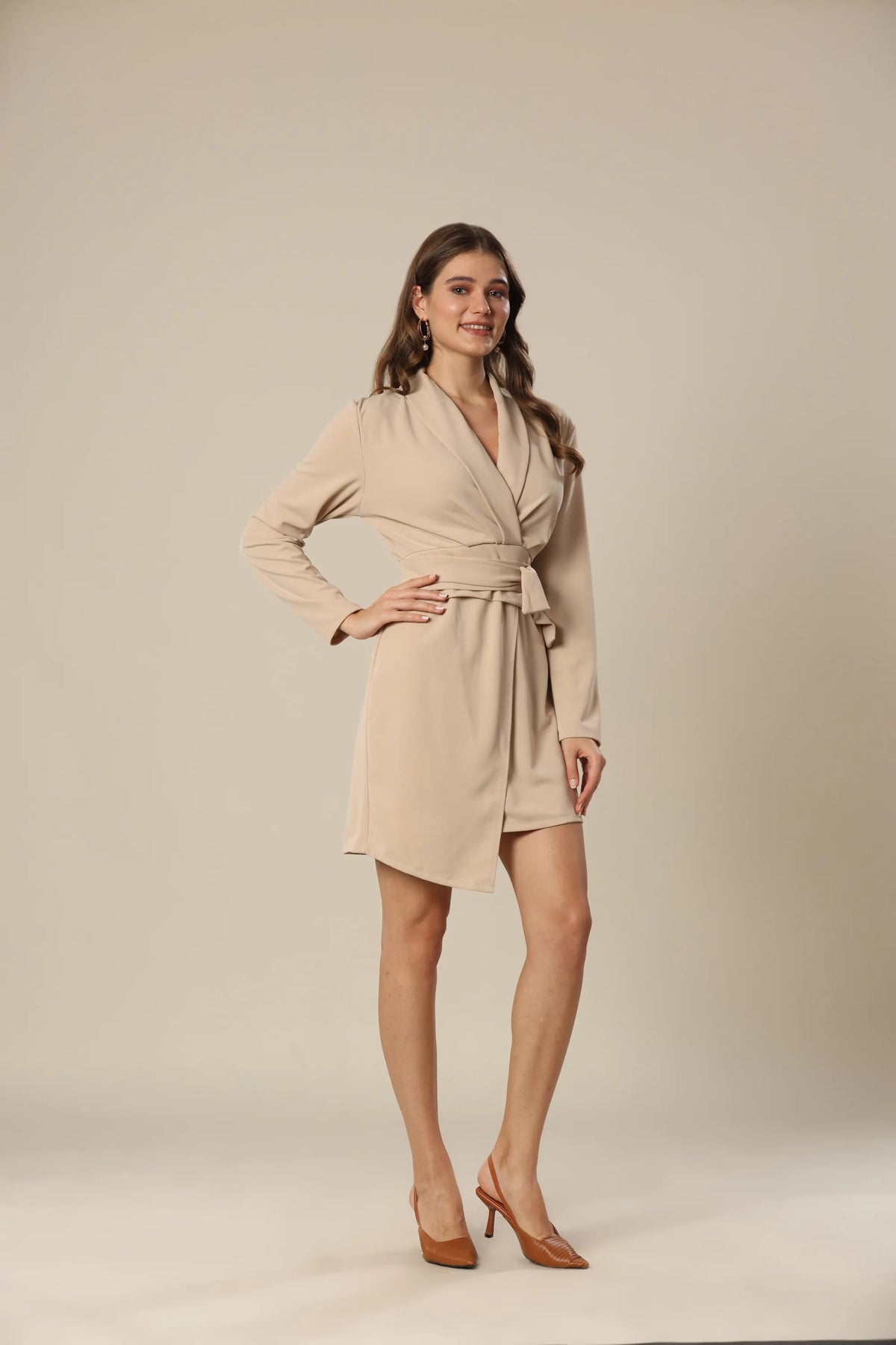 Urban Drapes Beige Waist-Tie Dress
