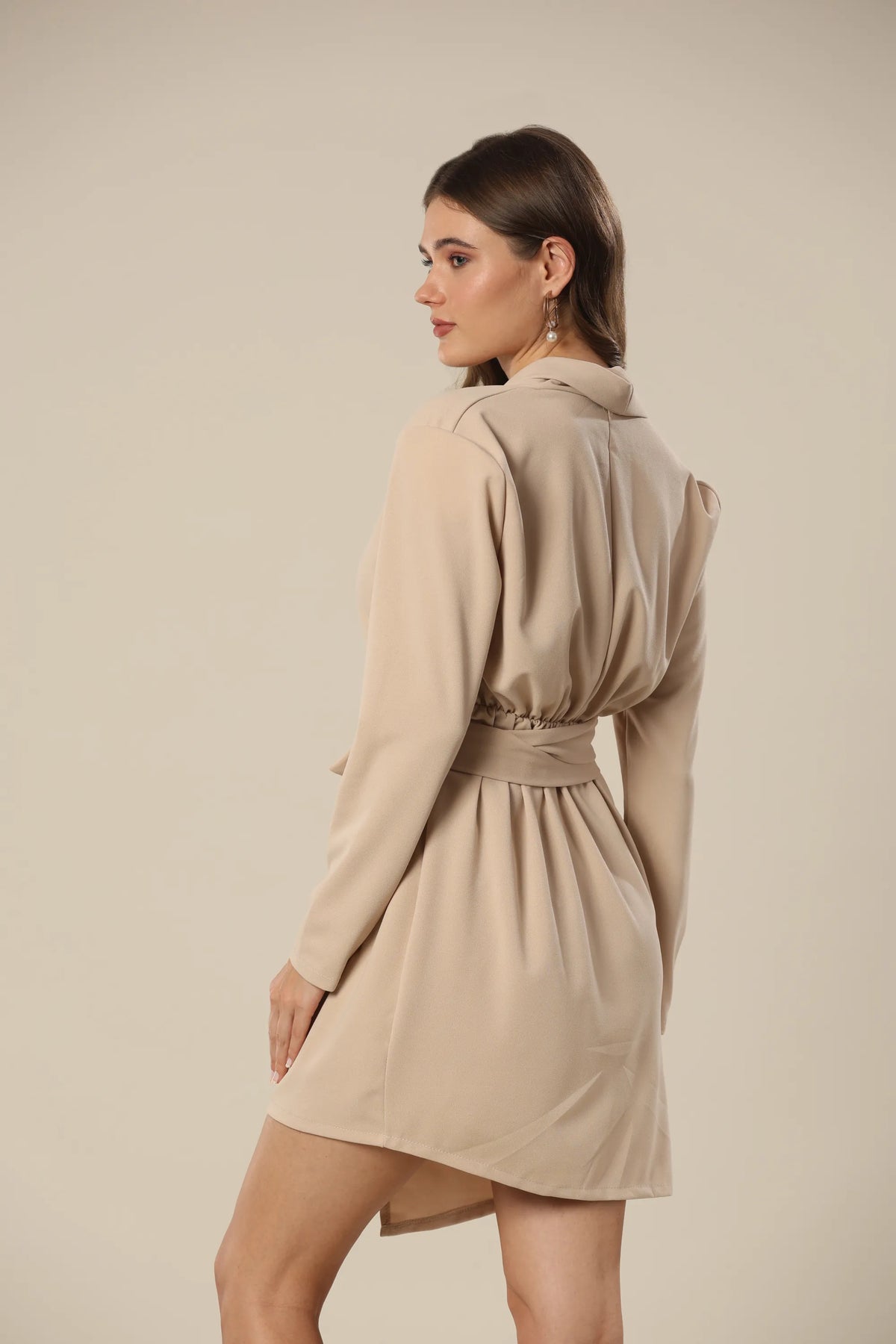 Urban Drapes Beige Waist-Tie Dress