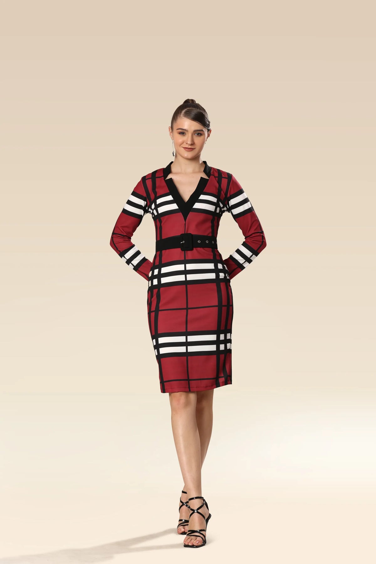 Vogue Grid Belted Beauty Dress