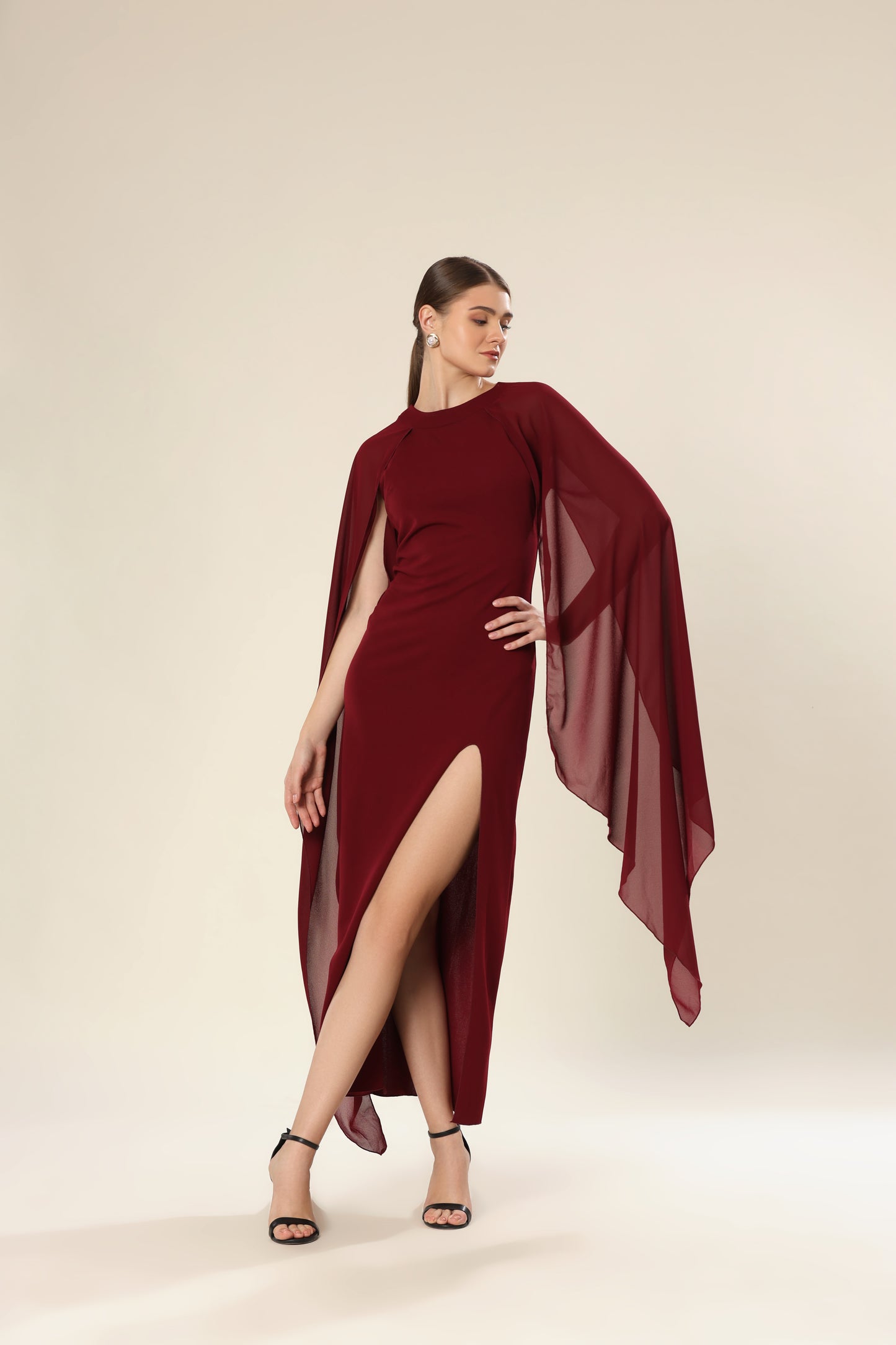 Sheer Wine Elegance Side Slit Ensemble Dress