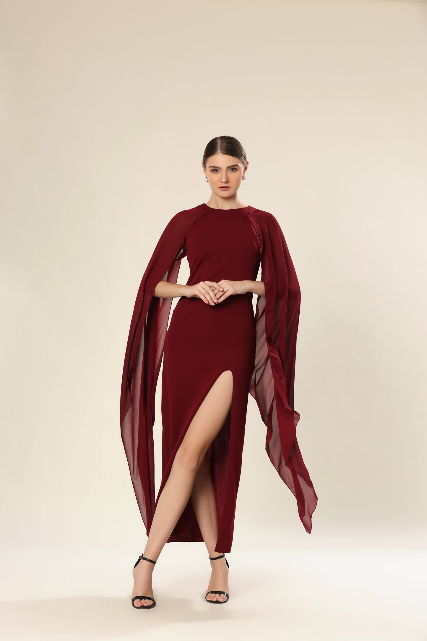 Sheer Wine Elegance Side Slit Ensemble Dress