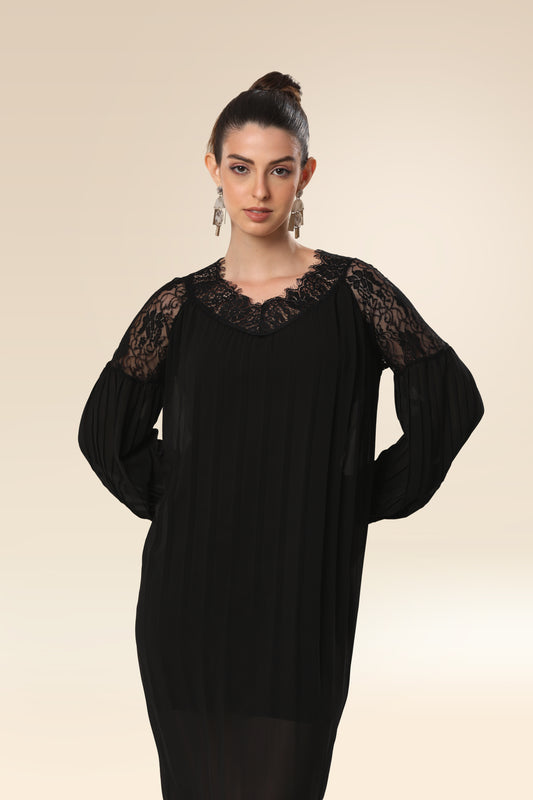 Stylishly Pleated Charming Lace Touch Dress