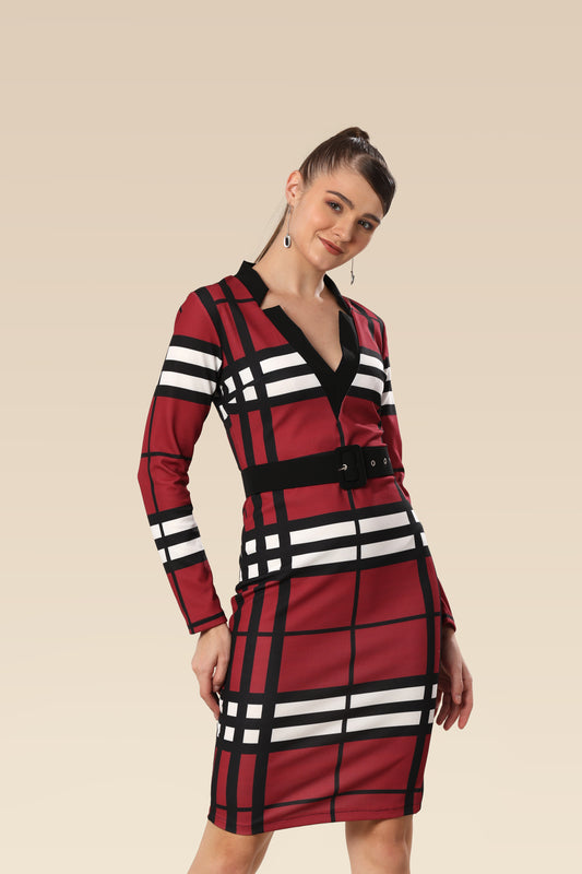 Vogue Grid Belted Beauty Dress