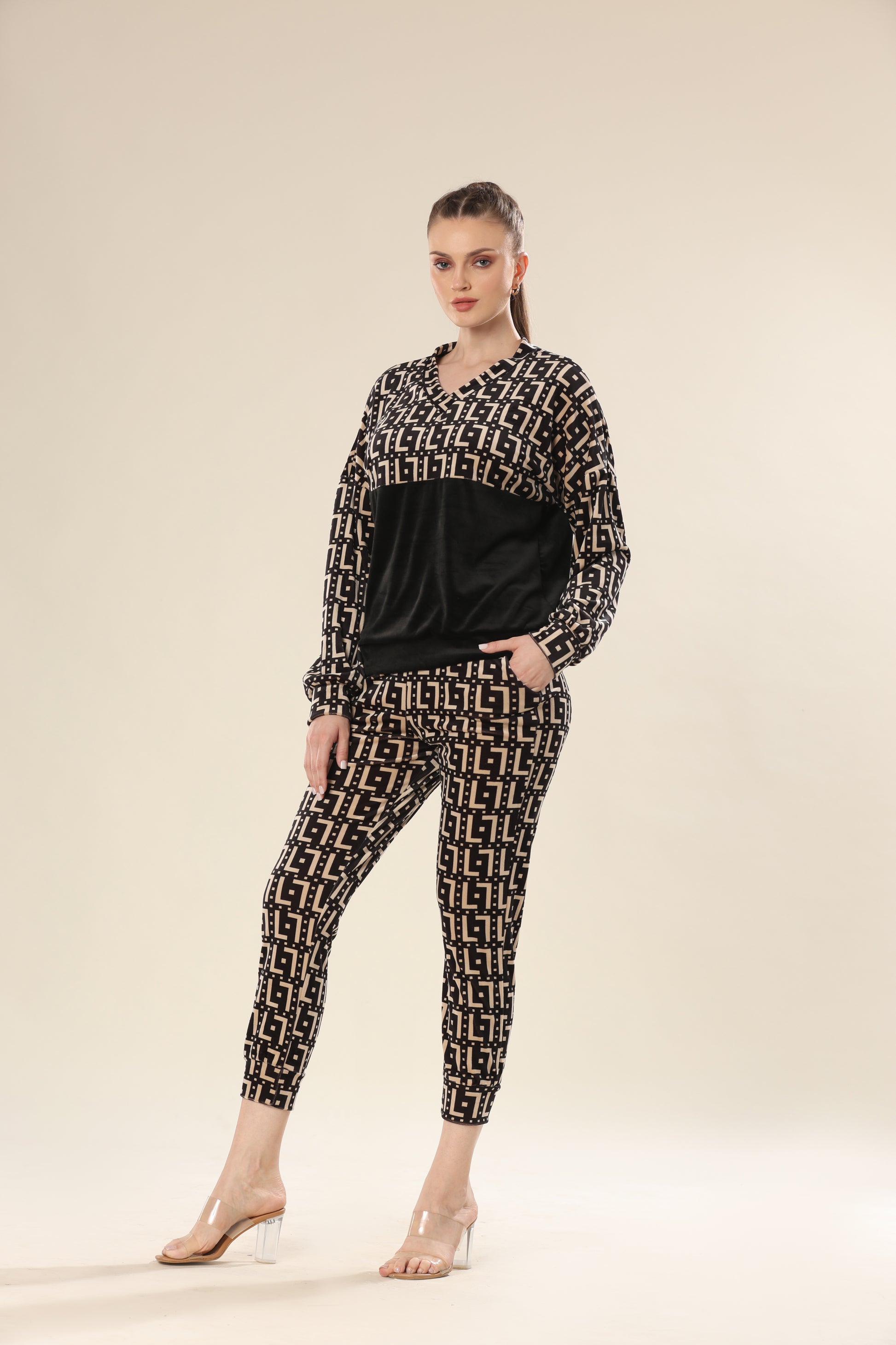 Luxe Velvet Geometric Ensemble Track Suit - Tracksuit
