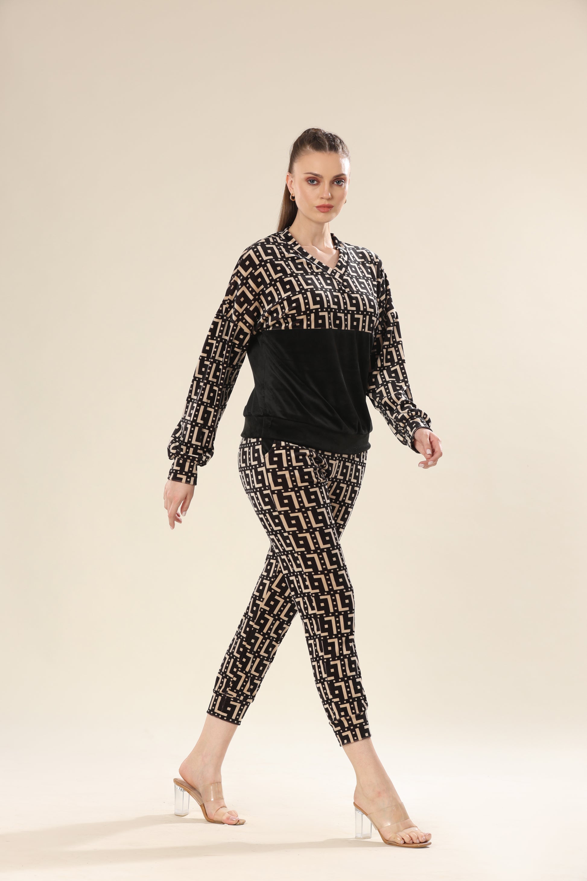 Luxe Velvet Geometric Ensemble Track Suit - Tracksuit