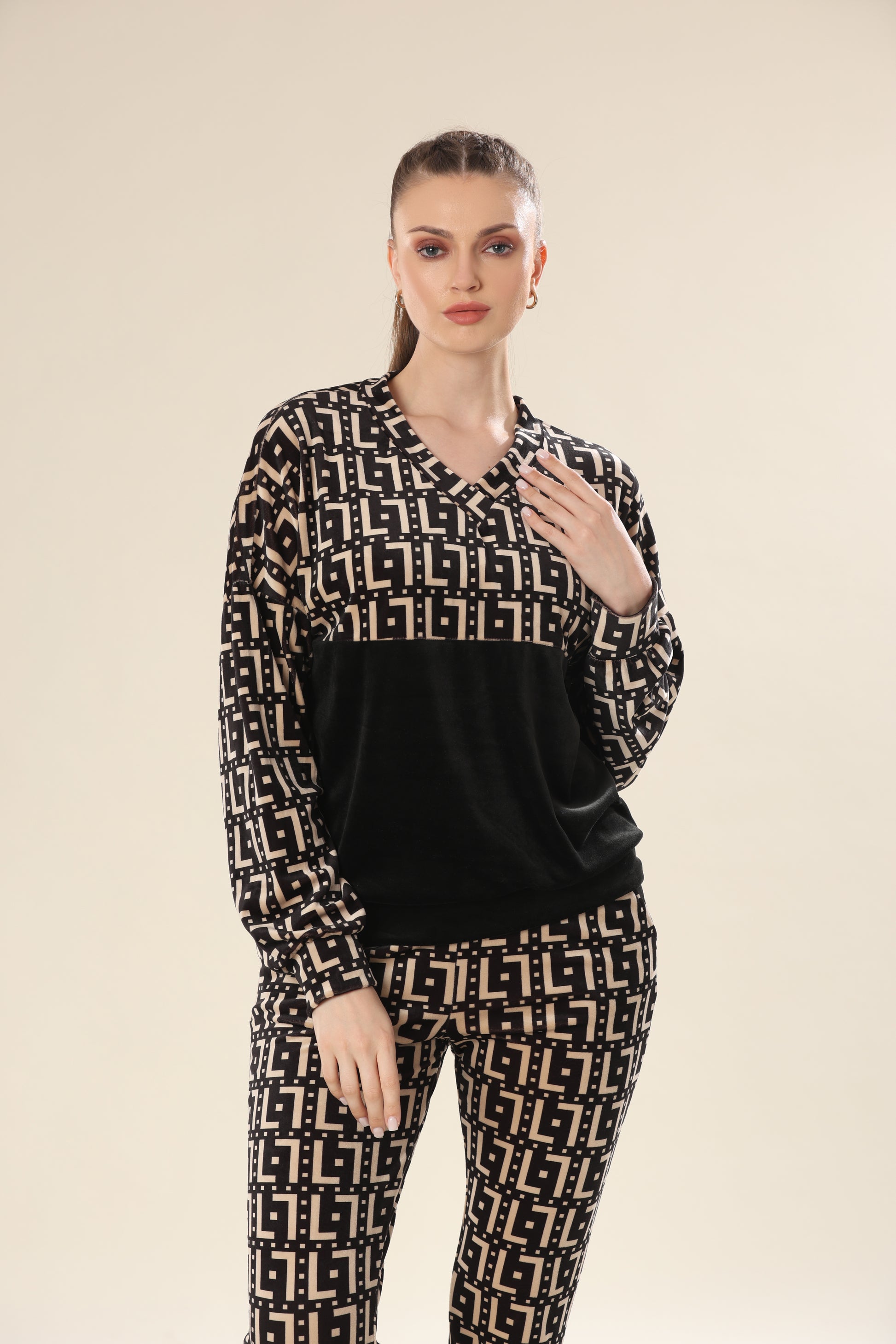 Luxe Velvet Geometric Ensemble Track Suit - Tracksuit