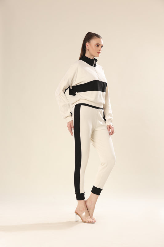 Dynamic Stripes In Black & Beige Track Suit